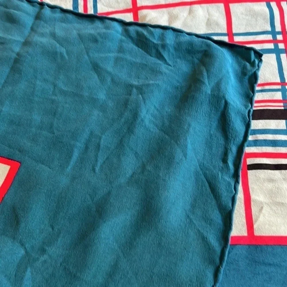 Franco Ferrari Grid Plaid Window Pane Scarf Silk Vintage Turquoise Blue Square